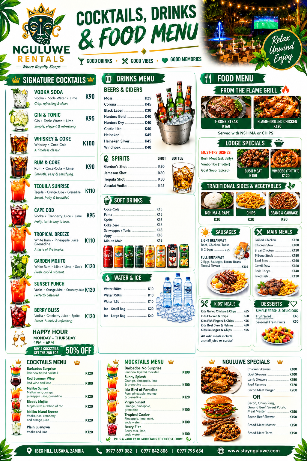 Stay@NGULUWE cocktails, drinks and food menu with prices